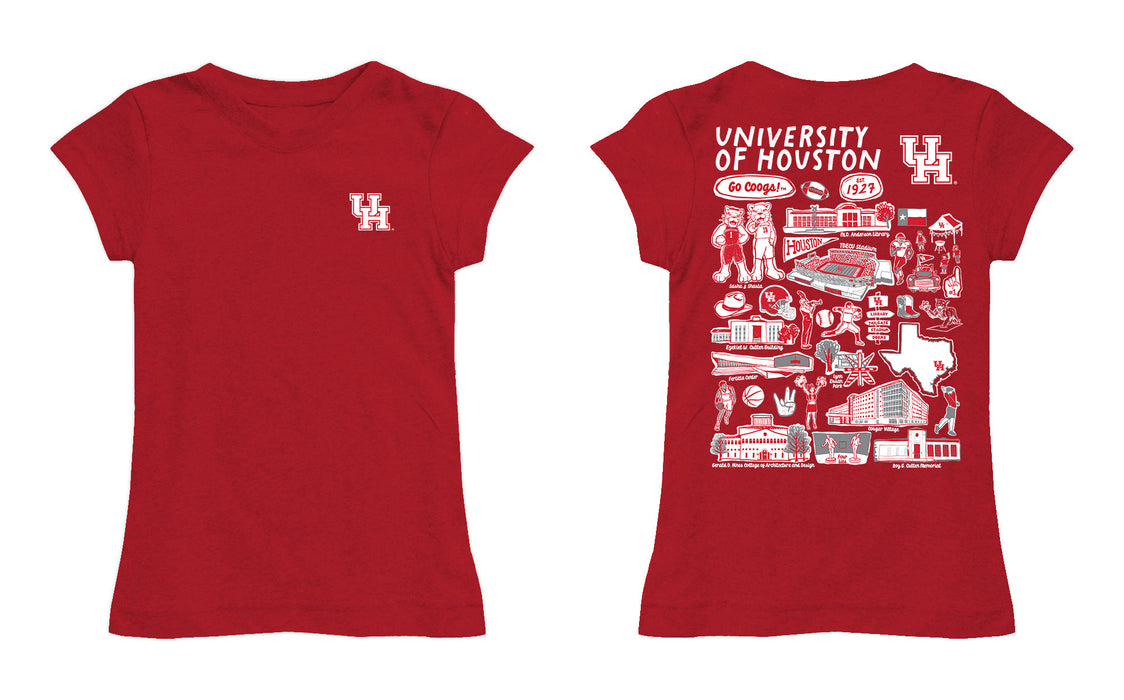 University of Houston Cougars Hand Sketched Vive La Fete Impressions Artwork Red Girls Cotton Short Sleeve Tee - Vive La Fête - Online Apparel Store