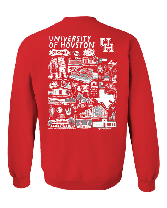 University of Houston Cougars Hand Sketched Artwork Red Crewneck Sweatshirt for Women - Vive La Fête - Online Apparel Store