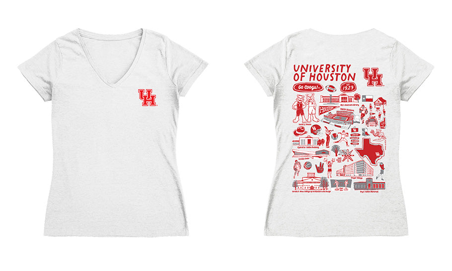 Houston Cougars Hand Sketched Vive La Fete Impressions Artwork Red Women Cotton Short Sleeve V-Neck Tshirt