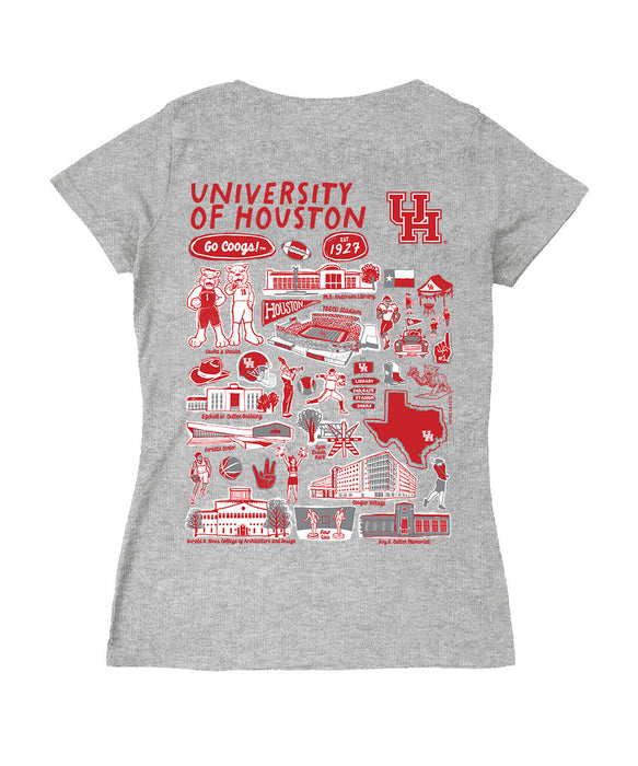 Houston Cougars Hand Sketched Vive La Fete Impressions Artwork Red Women Cotton Short Sleeve V-Neck Tshirt