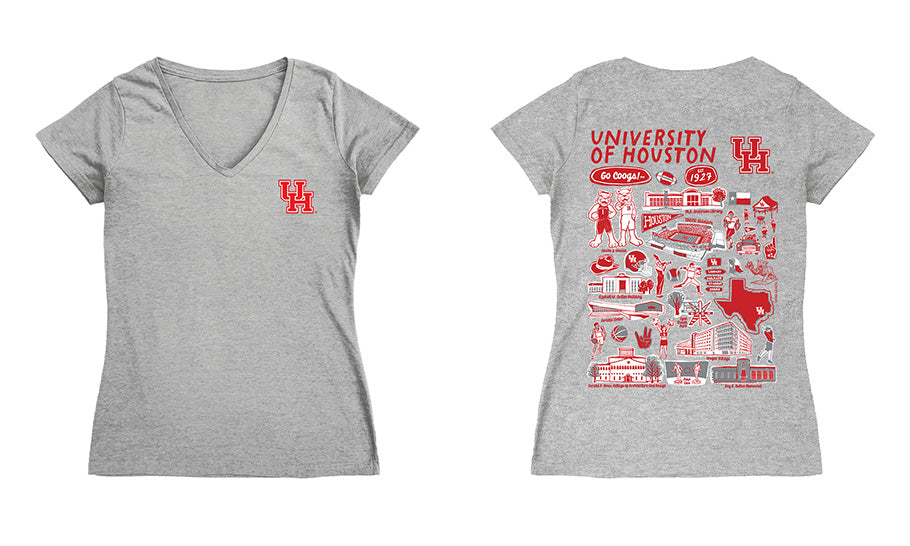 Houston Cougars Hand Sketched Vive La Fete Impressions Artwork Red Women Cotton Short Sleeve V-Neck Tshirt