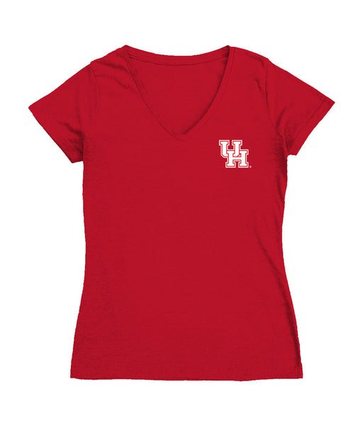 Houston Cougars Hand Sketched Vive La Fete Impressions Artwork Red Women Cotton Short Sleeve V-Neck Tshirt