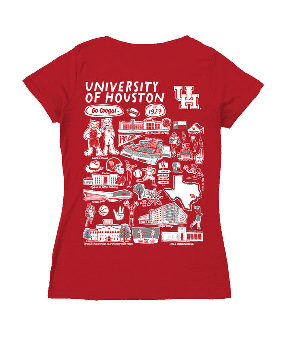 Houston Cougars Hand Sketched Vive La Fete Impressions Artwork Red Women Cotton Short Sleeve V-Neck Tshirt