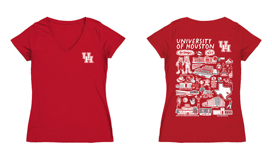 Houston Cougars Hand Sketched Vive La Fete Impressions Artwork Red Women Cotton Short Sleeve V-Neck Tshirt