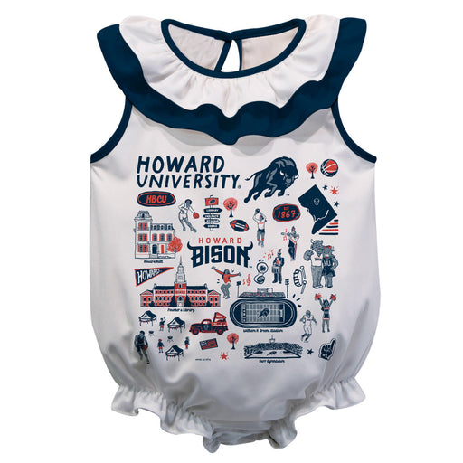 Howard University Bison  White Hand Sketched Vive La Fete Impressions Artwork Sleeveless Ruffle Onesie Bodysuit