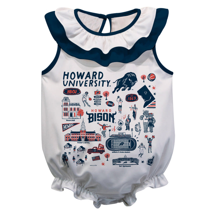 Howard University Bison  White Hand Sketched Vive La Fete Impressions Artwork Sleeveless Ruffle Onesie Bodysuit