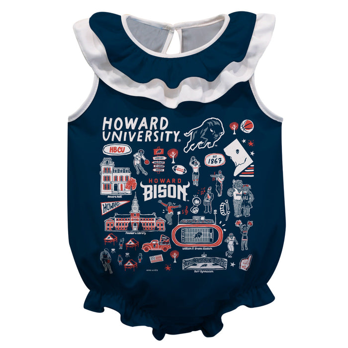 Howard University Bison  Blue Hand Sketched Vive La Fete Impressions Artwork Sleeveless Ruffle Onesie Bodysuit