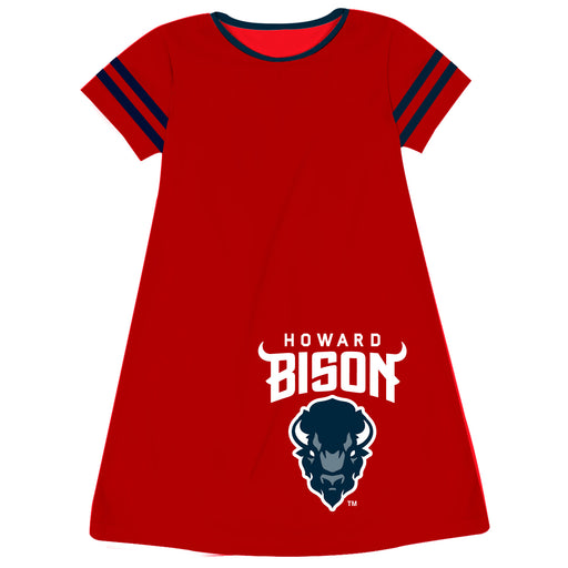Howard University Bison Vive La Fete Girls Game Day Short Sleeve Red A-Line Dress with large Logo