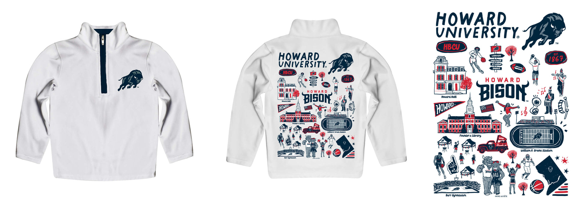 Howard University Bison Hand Sketched Vive La Fete Impressions Artwork White Boys Quarter Zip Pullover V1 - Vive La Fête - Online Apparel Store