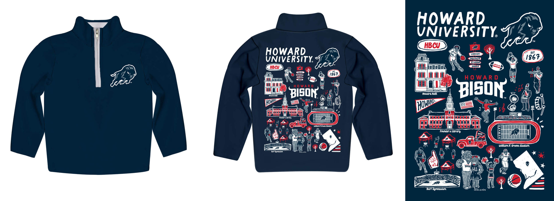 Howard University Bison Hand Sketched Vive La Fete Impressions Artwork Blue Boys Quarter Zip Pullover V1 - Vive La Fête - Online Apparel Store