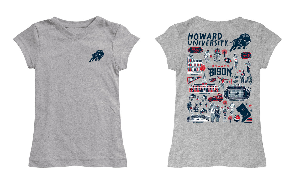 Howard University Bison Hand Sketched Vive La Fete Impressions Artwork Grey Girls Cotton Short Sleeve Tee - Vive La Fête - Online Apparel Store