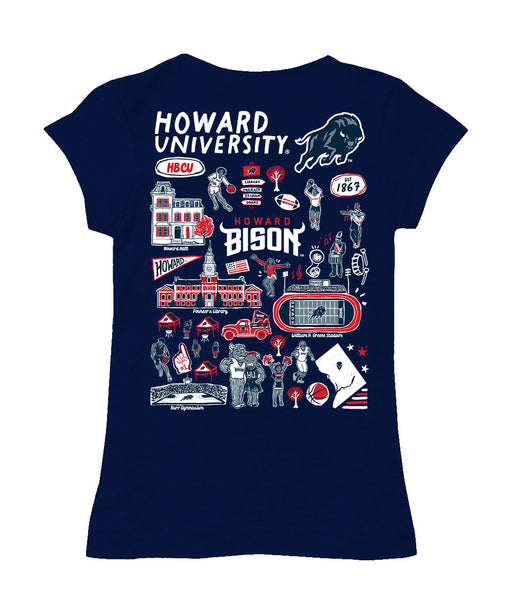 Howard University Bison Hand Sketched Vive La Fete Impressions Artwork Navy Girls Cotton Short Sleeve Tee - Vive La Fête - Online Apparel Store