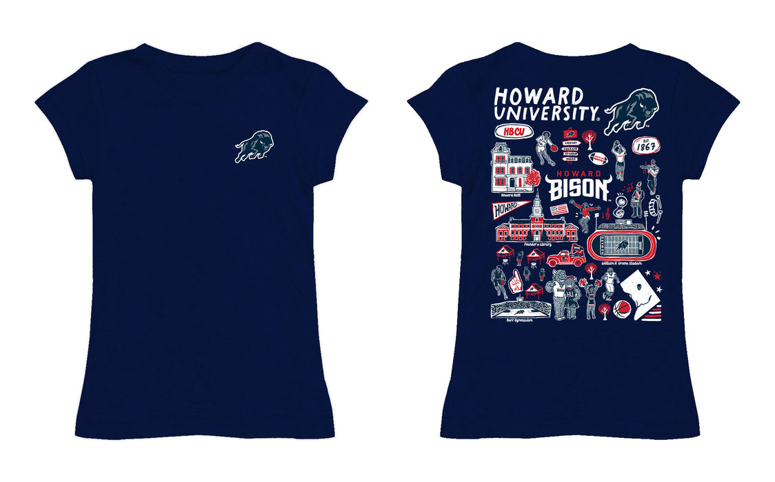 Howard University Bison Hand Sketched Vive La Fete Impressions Artwork Navy Girls Cotton Short Sleeve Tee - Vive La Fête - Online Apparel Store