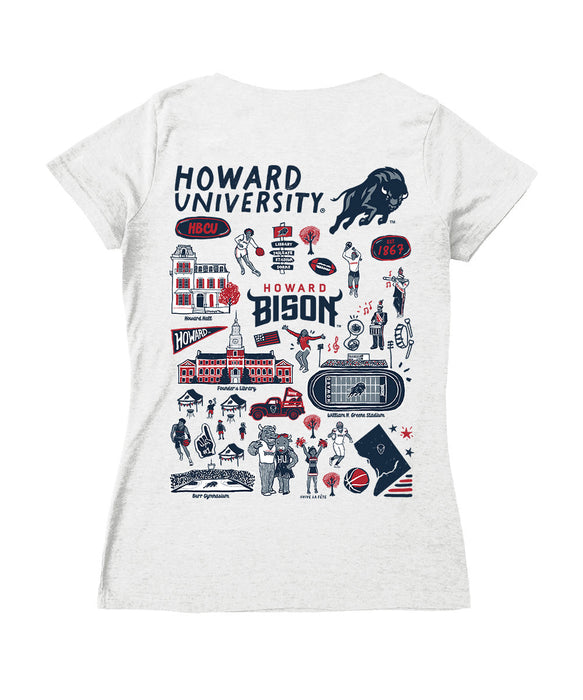 Howard University Bison Hand Sketched Vive La Fete Impressions Artwork Navy Women Cotton Short Sleeve V-Neck Tshirt