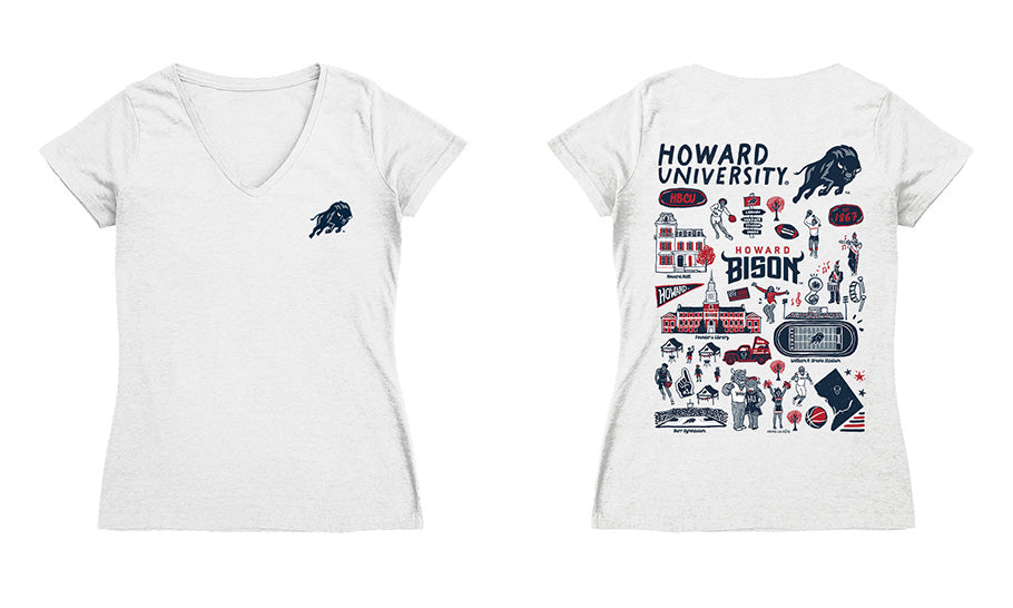 Howard University Bison Hand Sketched Vive La Fete Impressions Artwork Navy Women Cotton Short Sleeve V-Neck Tshirt