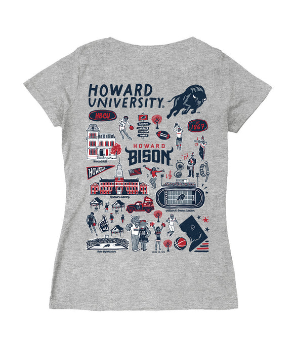 Howard University Bison Hand Sketched Vive La Fete Impressions Artwork Navy Women Cotton Short Sleeve V-Neck Tshirt