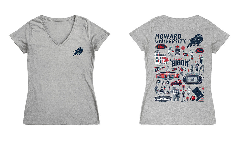 Howard University Bison Hand Sketched Vive La Fete Impressions Artwork Navy Women Cotton Short Sleeve V-Neck Tshirt