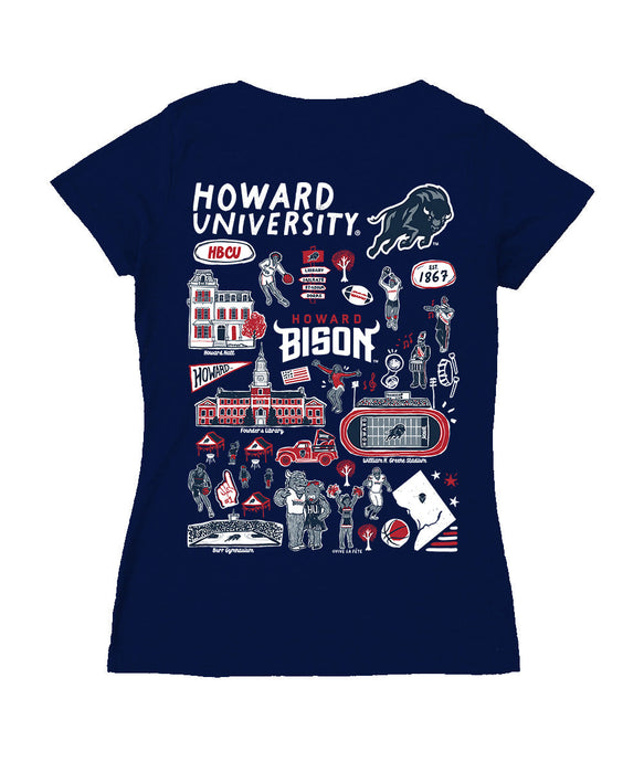 Howard University Bison Hand Sketched Vive La Fete Impressions Artwork Navy Women Cotton Short Sleeve V-Neck Tshirt