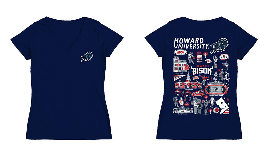 Howard University Bison Hand Sketched Vive La Fete Impressions Artwork Navy Women Cotton Short Sleeve V-Neck Tshirt