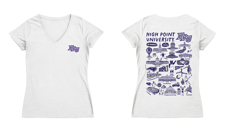 High Point Panthers HPU Hand Sketched Vive La Fete Impressions Artwork Purple Women Cotton Short Sleeve V-Neck Tshirt