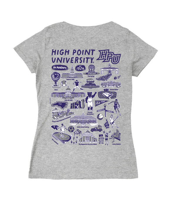High Point Panthers HPU Hand Sketched Vive La Fete Impressions Artwork Purple Women Cotton Short Sleeve V-Neck Tshirt