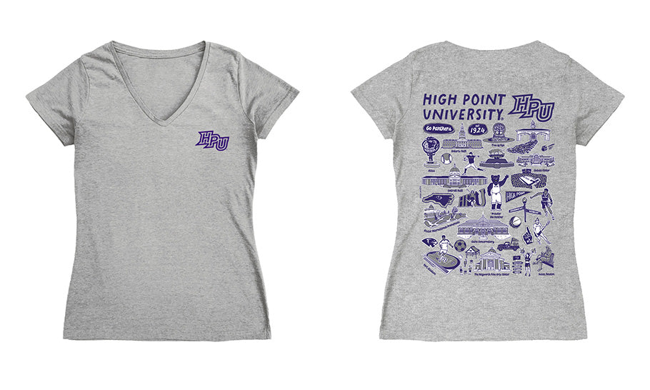 High Point Panthers HPU Hand Sketched Vive La Fete Impressions Artwork Purple Women Cotton Short Sleeve V-Neck Tshirt