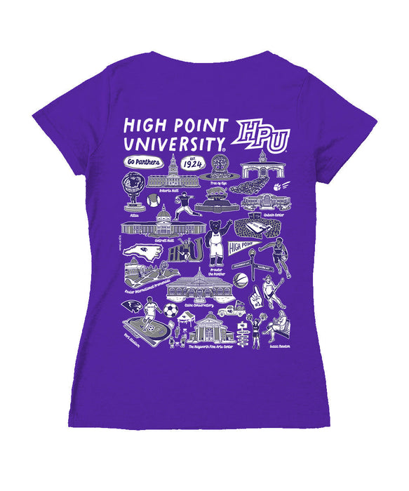High Point Panthers HPU Hand Sketched Vive La Fete Impressions Artwork Purple Women Cotton Short Sleeve V-Neck Tshirt