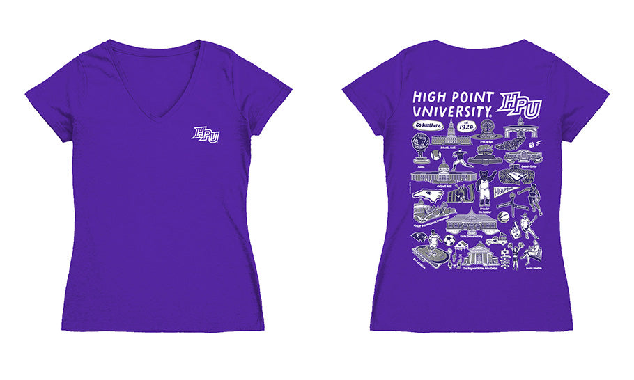 High Point Panthers HPU Hand Sketched Vive La Fete Impressions Artwork Purple Women Cotton Short Sleeve V-Neck Tshirt