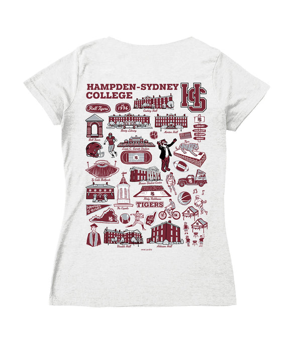 Hampden–Sydney TigersHand Sketched Vive La Fete Impressions Artwork Maroon Women Cotton Short Sleeve V-Neck Tshirt