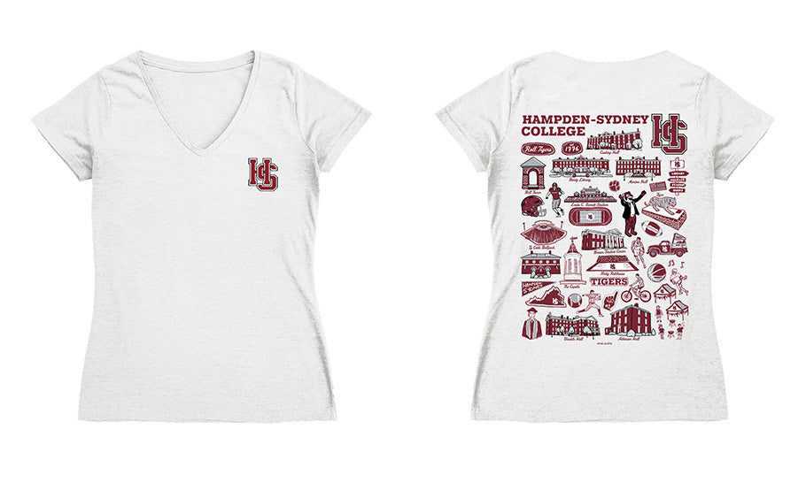 Hampden–Sydney TigersHand Sketched Vive La Fete Impressions Artwork Maroon Women Cotton Short Sleeve V-Neck Tshirt