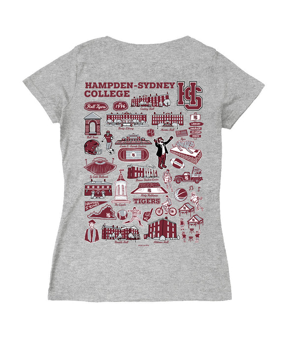 Hampden–Sydney TigersHand Sketched Vive La Fete Impressions Artwork Maroon Women Cotton Short Sleeve V-Neck Tshirt