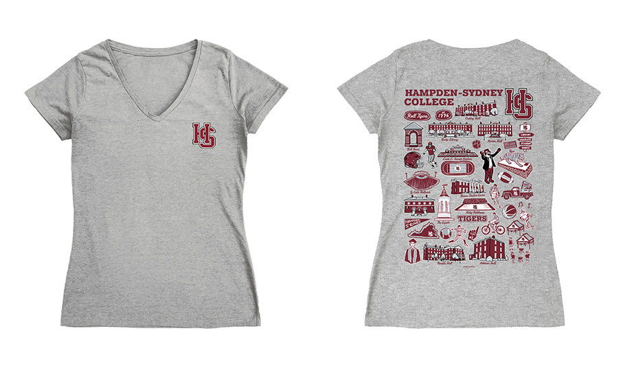 Hampden–Sydney TigersHand Sketched Vive La Fete Impressions Artwork Maroon Women Cotton Short Sleeve V-Neck Tshirt