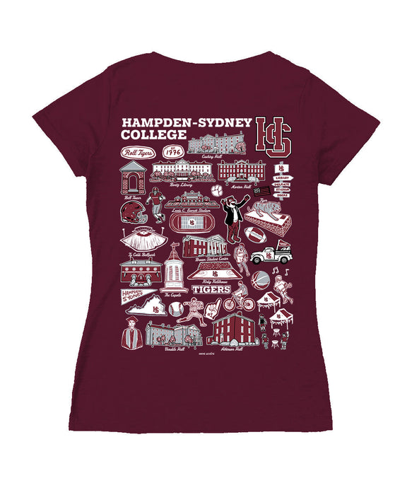 Hampden–Sydney TigersHand Sketched Vive La Fete Impressions Artwork Maroon Women Cotton Short Sleeve V-Neck Tshirt