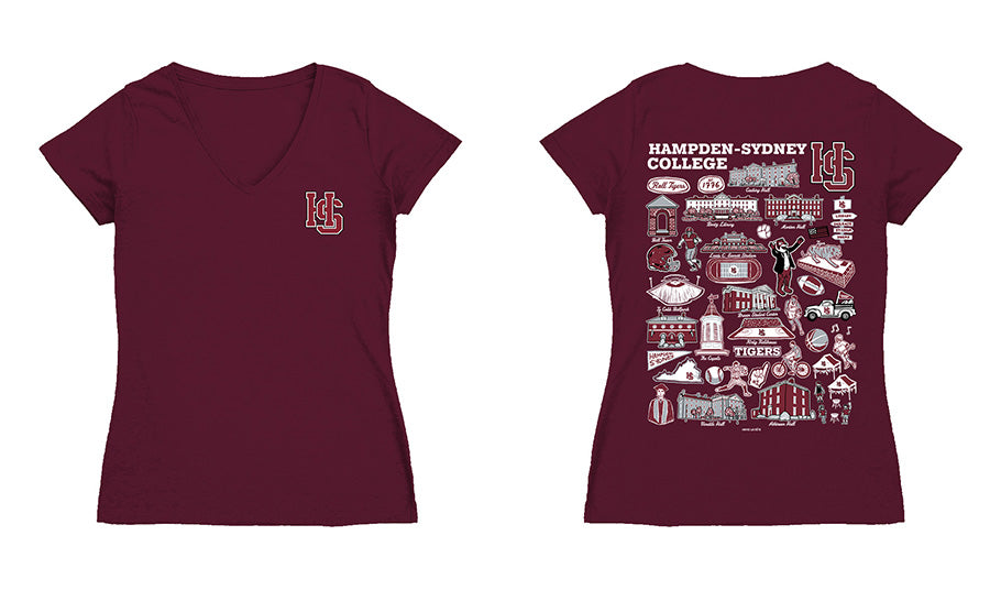 Hampden–Sydney TigersHand Sketched Vive La Fete Impressions Artwork Maroon Women Cotton Short Sleeve V-Neck Tshirt
