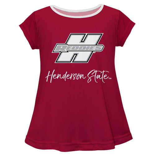Henderson State Reddies Vive La Fete Girls Game Day Short Sleeve Red Top with School Logo and Name