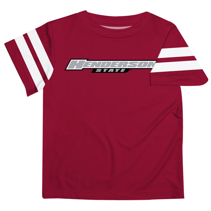 Henderson State Reddies Vive La Fete Boys Game Day Red Short Sleeve Tee with Stripes on Sleeves