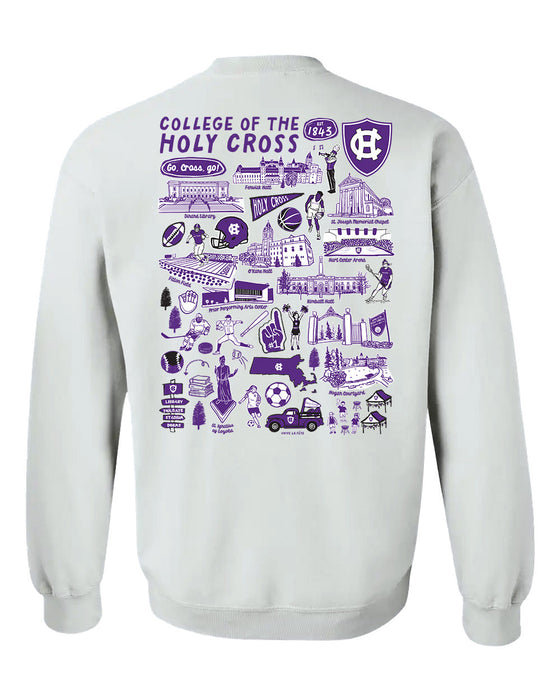 College of the Holy Cross Hand Sketched Vive La Fete Impressions Artwork Purple Crew Neck Sweatshirt for Women