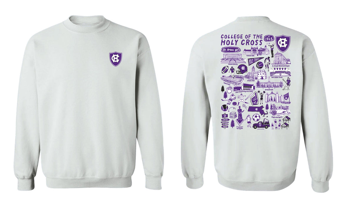 College of the Holy Cross Hand Sketched Vive La Fete Impressions Artwork Purple Crew Neck Sweatshirt for Women