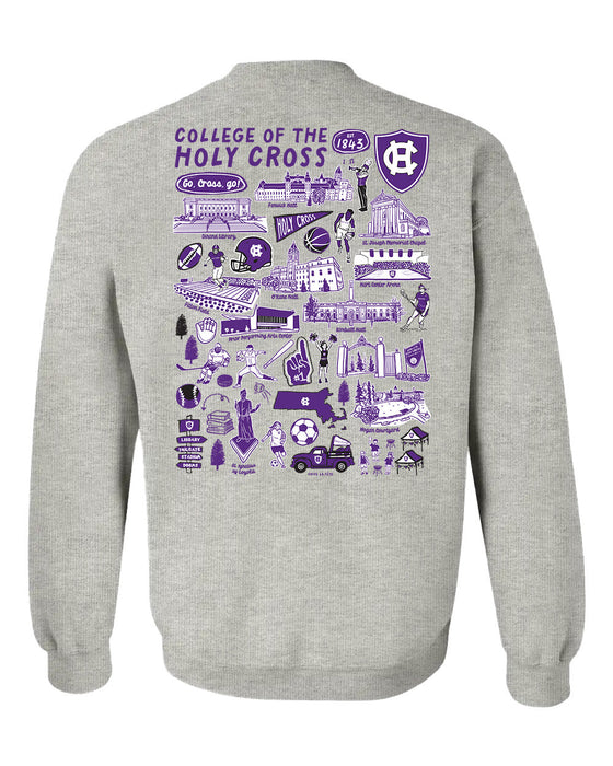 College of the Holy Cross Hand Sketched Vive La Fete Impressions Artwork Purple Crew Neck Sweatshirt for Women