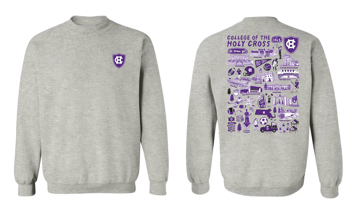 College of the Holy Cross Hand Sketched Vive La Fete Impressions Artwork Purple Crew Neck Sweatshirt for Women