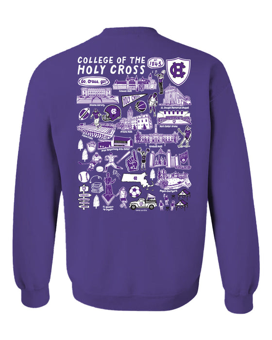 College of the Holy Cross Hand Sketched Vive La Fete Impressions Artwork Purple Crew Neck Sweatshirt for Women