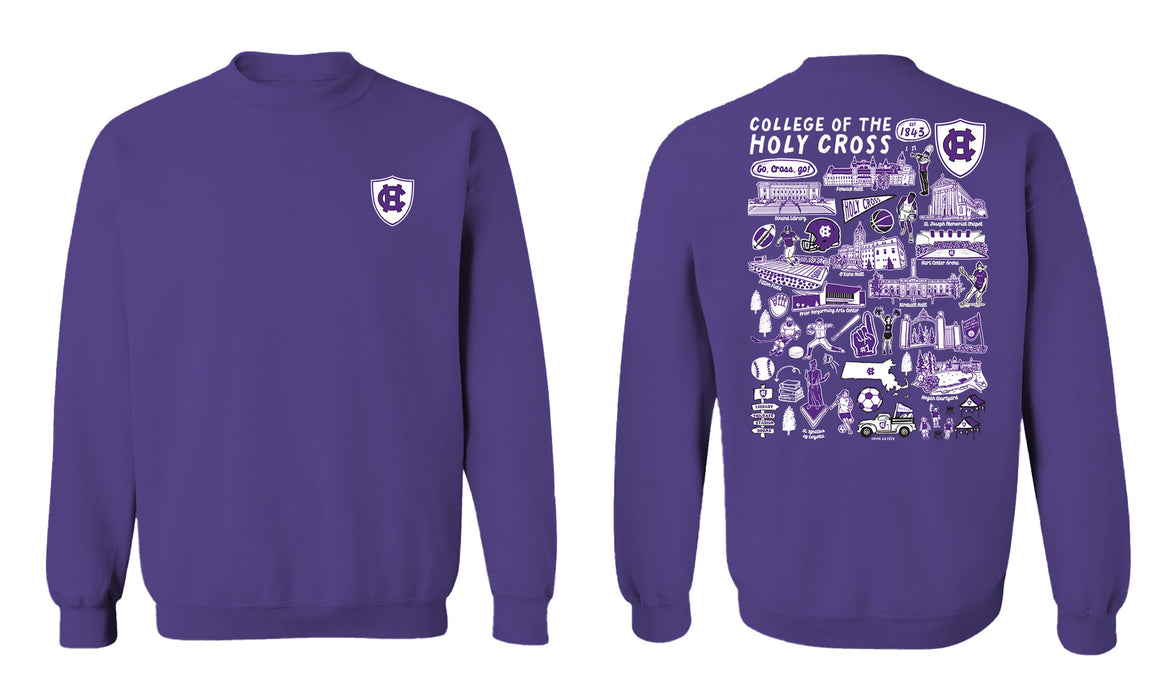 College of the Holy Cross Hand Sketched Vive La Fete Impressions Artwork Purple Crew Neck Sweatshirt for Women