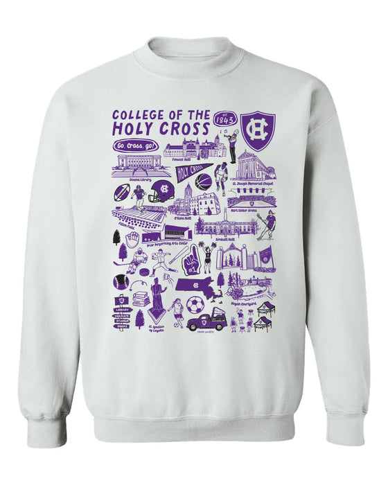 College of the Holy Cross Hand Sketched Vive La Fete Impressions White Cotton Crewneck Sweatshirt for Women