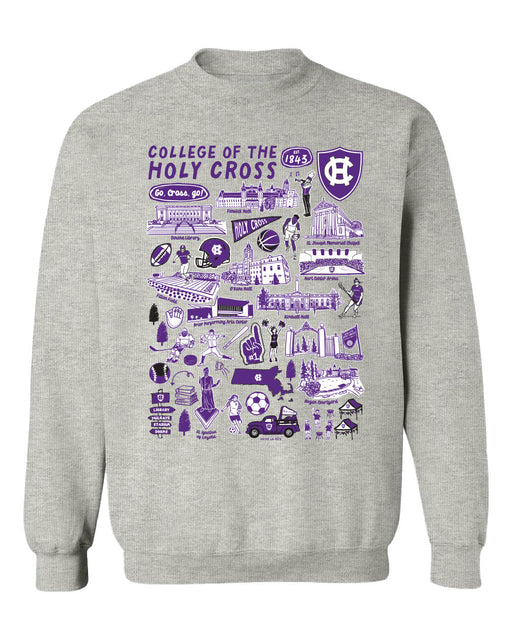 College of the Holy Cross Hand Sketched Vive La Fete Impressions Grey Cotton Crewneck Sweatshirt for Women