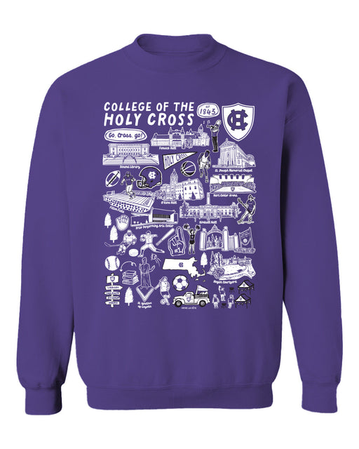 College of the Holy Cross Hand Sketched Vive La Fete Impressions Purple Cotton Crewneck Sweatshirt for Women