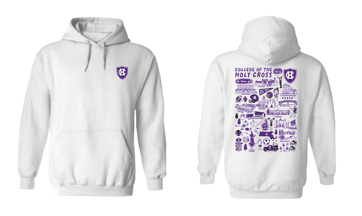 College of the Holy Cross Hand Sketched Vive La Fete Impressions Artwork Purple Cotton Fleece Long Sleeve Hoodi