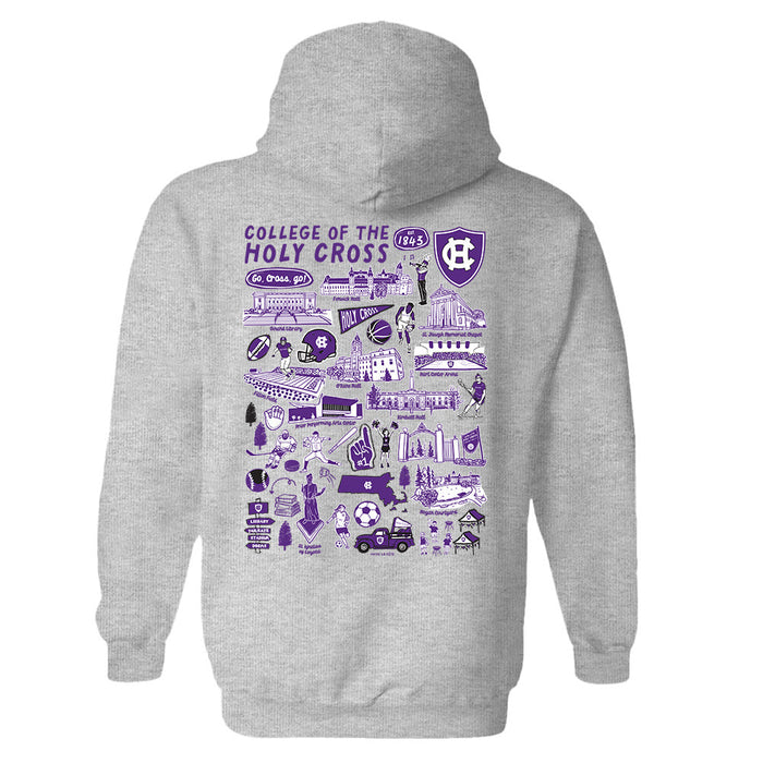 College of the Holy Cross Hand Sketched Vive La Fete Impressions Artwork Purple Cotton Fleece Long Sleeve Hoodi