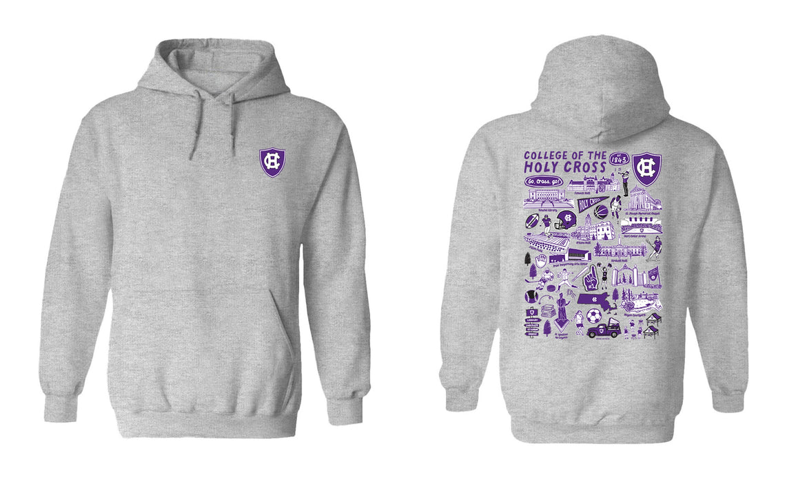 College of the Holy Cross Hand Sketched Vive La Fete Impressions Artwork Purple Cotton Fleece Long Sleeve Hoodi