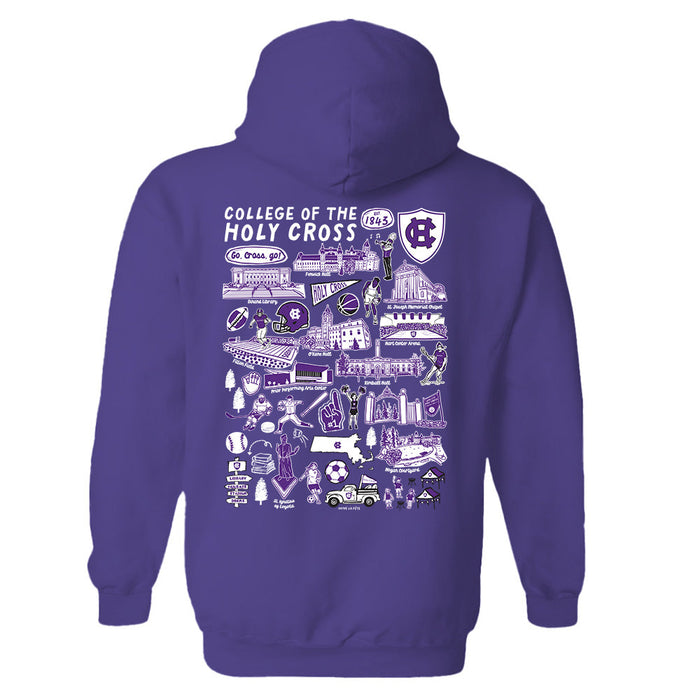 College of the Holy Cross Hand Sketched Vive La Fete Impressions Artwork Purple Cotton Fleece Long Sleeve Hoodi