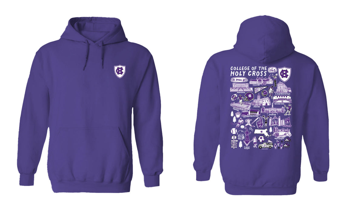 College of the Holy Cross Hand Sketched Vive La Fete Impressions Artwork Purple Cotton Fleece Long Sleeve Hoodi